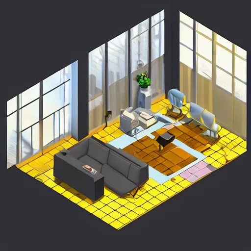 Prompt: Isometric game, 4k, dramatic lighting, unreal engine, abandoned apartment, night lights