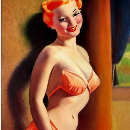 Image similar to pinup girl, cartoon, soft orange hair, beautiful, romantic, fair skin, 1 9 4 0's, normal rockwell, oil painting