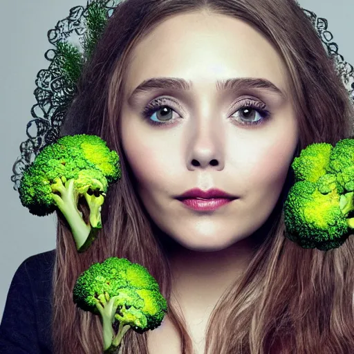 Image similar to anthropomorphic broccoli with an elizabeth olsen face, trending on artstation, 4 k quality, intricate