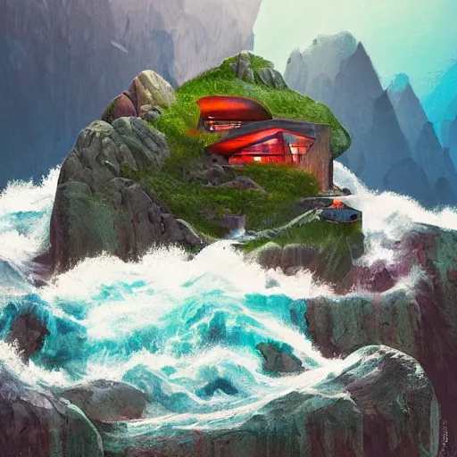 Prompt: a cozy colorful cabin carved into a mountain, view of the ocean, huge waves beneath, dramatic lighting, artstation, matte painting, raphael lacoste, simon stalenhag, frank lloyd wright, zaha hadid, drone view