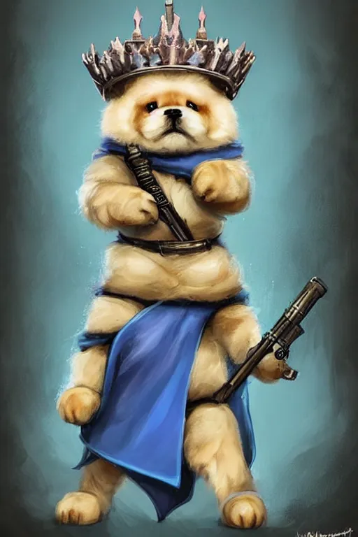 Prompt: cute anthropomorphic blue tong chow chow knight wearing a cape and a crown and holding a sniper, tiny, small, miniature chow chow, baby animal, short, pale blue armor, cute and adorable, pretty, beautiful, DnD character art portrait, matte fantasy painting, DeviantArt Artstation, by Jason Felix by Steve Argyle by Tyler Jacobson by Peter Mohrbacher, cinematic lighting