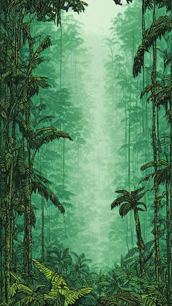 Image similar to a dense amazon rainforest jungle by dan mumford