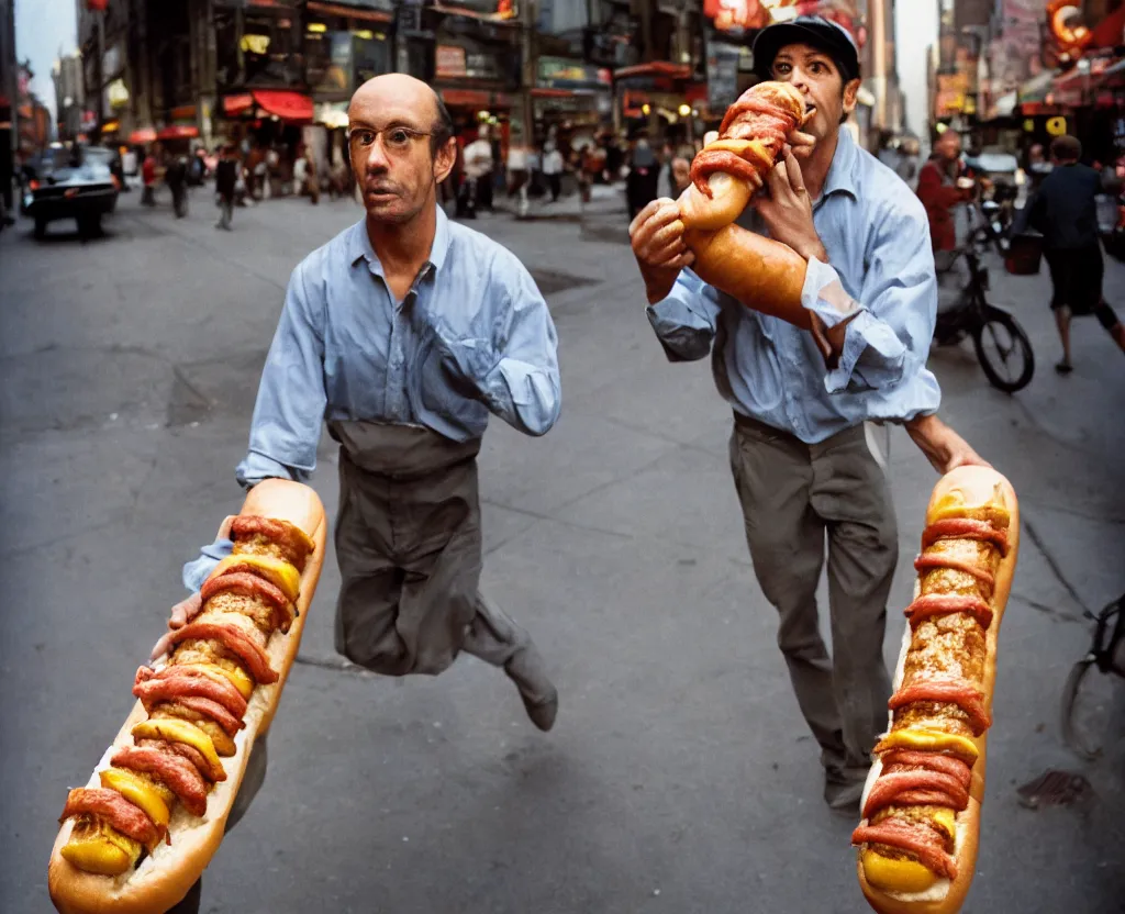 Prompt: closeup portrait of a man carrying a giant hotdog, smoky new york back street, by Annie Leibovitz and Steve McCurry, natural light, detailed face, CANON Eos C300, ƒ1.8, 35mm, 8K, medium-format print