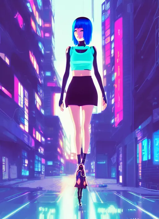 Image similar to digital illustration of cyberpunk pretty girl with blue hair, wearing a crop top and a skirt, full body pose, in city street at night, by makoto shinkai, ilya kuvshinov, lois van baarle, rossdraws, basquiat