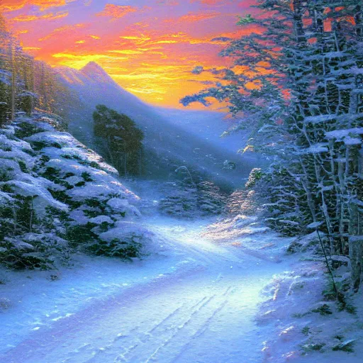 Prompt: high resolution 4k painting of a sunset in the snowy mountains, with a path leading into the forest, by Thomas Kinkade