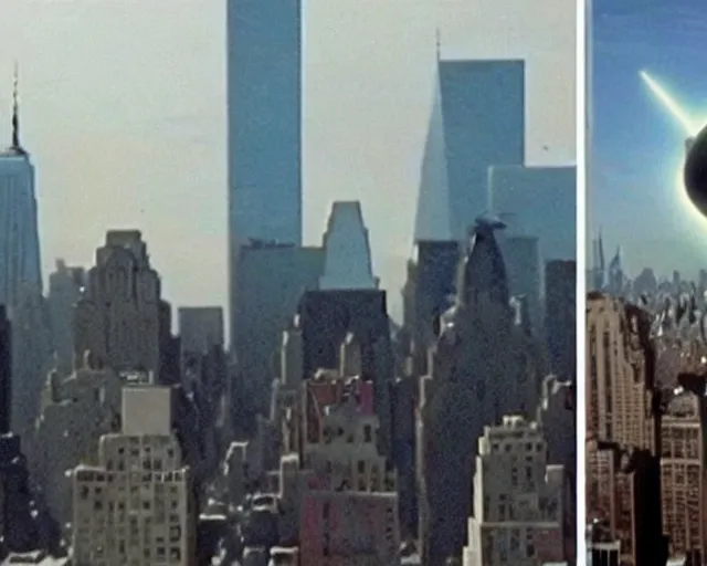 Prompt: [alien invasion] ufo footage spotted at new york city. there is explosions all over the city. 9/11 inspired.