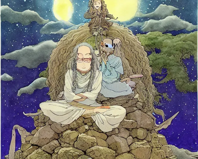 Image similar to a hyperrealist studio ghibli watercolor fantasy concept art of a giant long haired grey witch in lotus position sitting on top of stonehenge with a starry sky in the background. a group of tiny monks are prostrating them themselves. by rebecca guay, michael kaluta, charles vess