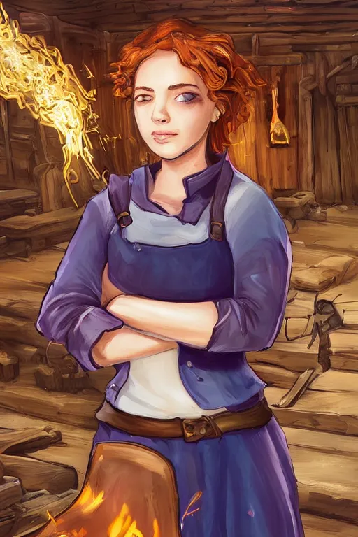 Image similar to a portrait of a young beautiful gorgeous female blacksmith with a story like this, After taking over her great blacksmithing teacher's forge, she felt a lack of excitement in her life. So, she decided to be free and depart on a journey to find rare smithing materials, one of which was rumored to be under the building of a certain idol group in town. 8k, super detailed, cinematik, artstaion