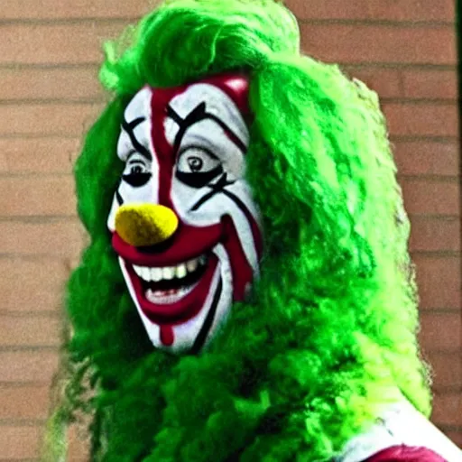 Prompt: dwayne johnson in a funny clown suit with a ridiculous green wig