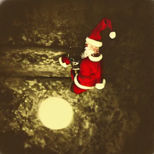 Image similar to a grainy realistic photograph of santa ontop of a rooftop climbing down a chimney at night, shot on an old polaroid camera, grainy vhs texture 4 k, realistic, unreal engine 5, sharp details, 3 0 0 dpi