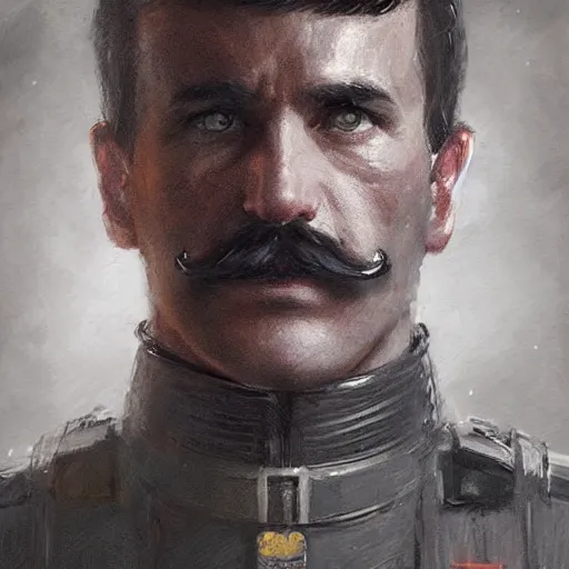 Image similar to portrait of a man by greg rutkowski, british features, short black hair in military style, moustache, perfect military composure, wearing gray imperial captain uniform, star wars expanded universe, he is about 4 0 years old, highly detailed portrait, digital painting, artstation, concept art, smooth, sharp foccus ilustration, artstation hq