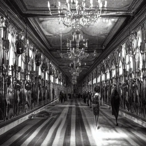 Prompt: hall of mirrors, surreal, horror, atmospheric, evil, nightmare, film grain