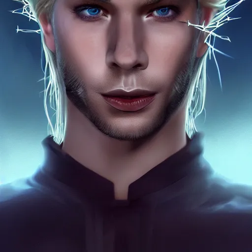 Prompt: Lucifer as an attractive cody fern with blue eyes and long dirty blonde hair with a chiseled jawline, wearing a demonic crown of thorns, 4k digital character design by Artgerm, WLOP, beeple, Hi-Fructose, James Jean, Andrei Riabovitchev, Marc Simonetti, yoshitaka Amano, Artstation, CGsociety