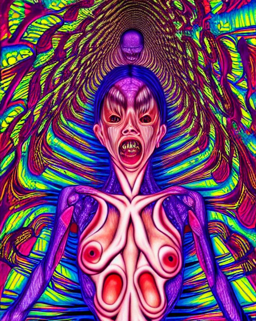 Image similar to human body breaking away, conjuring psychedelic background, part by shintaro kago, part by alex gray, ultra realistic, highly detailed, 8 k, trending on artstation, fractalism, symmetry