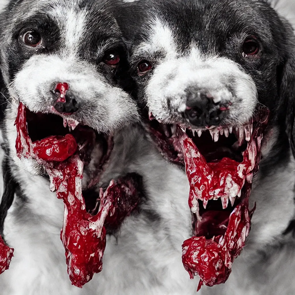 Prompt: horrifying and demonic dog with bloody fangs