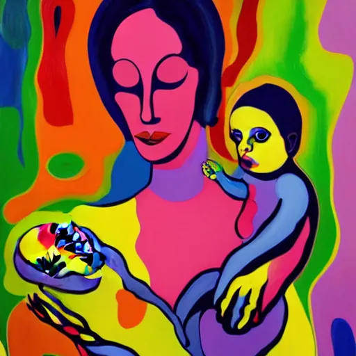 Prompt: a painting of a woman holding a baby, an ultrafine detailed painting by peter max and fiona rae and hernan bas and anna mond, featured on deviantart, metaphysical painting, biomorphic, fauvism, mixed media, photorealistic, dripping paint, palette knife texture, masterpiece