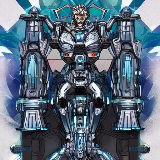 Prompt: Greek God in Mecha style, seated on a throne, front view, totally symmetrical, in the graphic style of Matt Sanz and DC Comics, hyper detailed, trending on artstation, glow