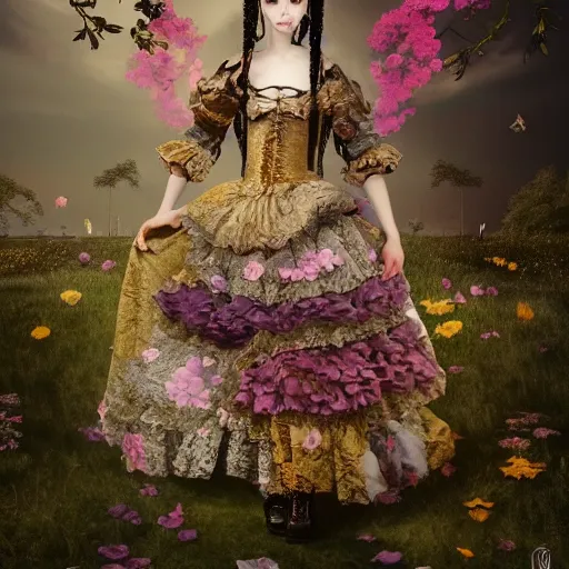 Image similar to 8k, octane render, realism, tonalism, renaissance, rococo, baroque, portrait of a young lady wearing long harajuku manga dress with flowers and skulls standing in a renaissance park, chaotic gold leaf flowers