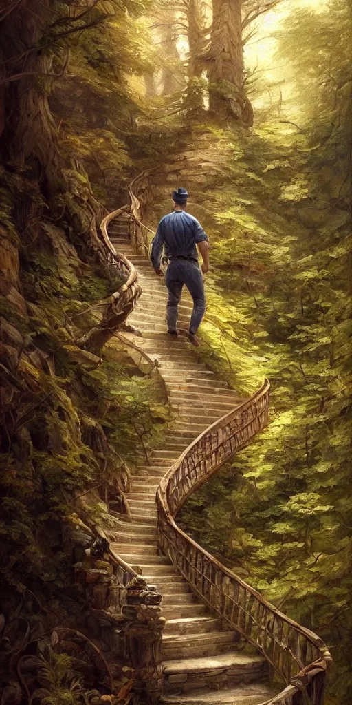 Image similar to a man walking up a steep and winding staircase, in beautiful woods, intricate, elegant, highly detailed, oil painting, artstation, concept art, sharp focus, beautiful illustration, society, by justin gerard and artgerm, 4 k