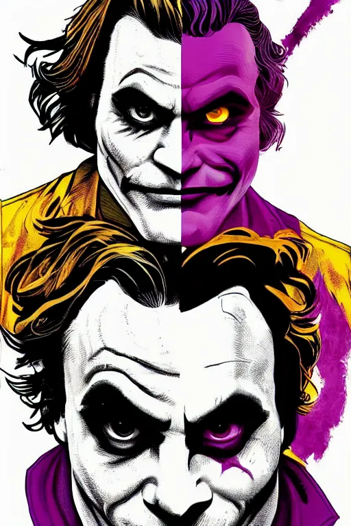 Image similar to joaquin phoenix joker cover comic book by dc comics, without duplicated content!!!!, violet polsangi pop art, gta chinatown wars art style, bioshock infinite art style, incrinate, realistic anatomy, hyperrealistic, 2 color, white frame, content balance proportion