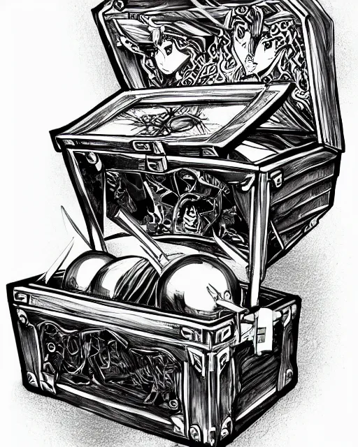 Image similar to a treasure chest, black and white, fantasy art, object art, in the style of masami kurumada, illustration, epic, fantasy, intricate, hyper detailed, artstation, concept art, smooth, sharp focus, ray tracing