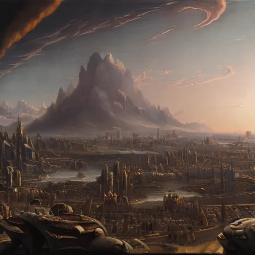 Image similar to A vast planetary sci fi city by Ansel Adams and Bernardo Bellotto, oil on canvas, artstation, dramatic scenery, masterpiece, aesthetic