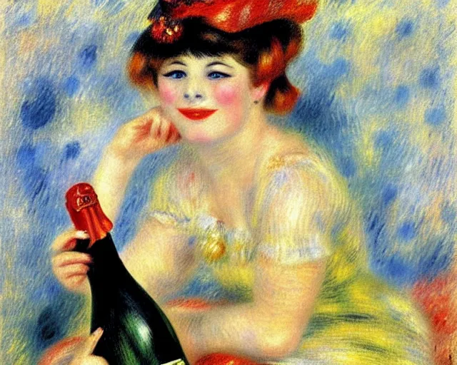 Image similar to vintage, big champagne bottle. cancan girl sitting on the big bottle, french, realistic, cheerful, 1 9 0 2, art by renoir