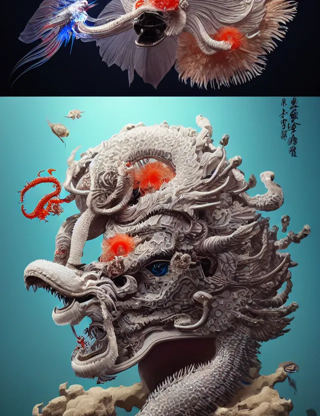 Image similar to 3 d chapel space frontal portrait with ram skull. beautiful intricately detailed japanese crow kitsune mask and clasical japanese kimono. betta fish, jellyfish phoenix, bio luminescent, plasma, ice, water, wind, creature, artwork by tooth wu and wlop and beeple and greg rutkowski