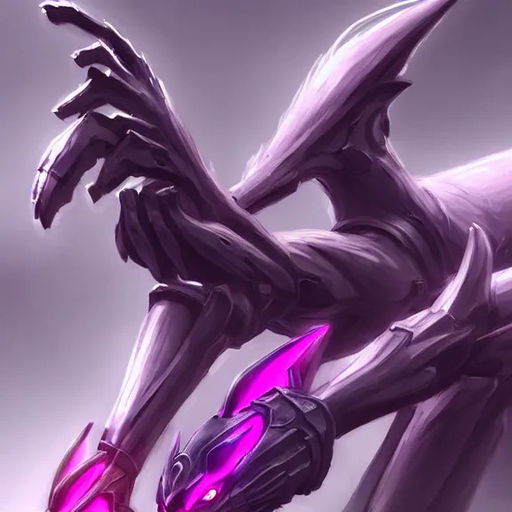 Image similar to very close up foot pov shot, detailed close foot shot, feet art, furry paw pov, paw pov, dragon paw, paws, hyperdetailed elegant beautiful stunning hot anthropomorphic mecha female dragon, sharp silver armor fuchsia skin, showing high quality hyperdetailed paws mecha dragon feet at camera, claws, warframe fanart, furaffinity, deviantart