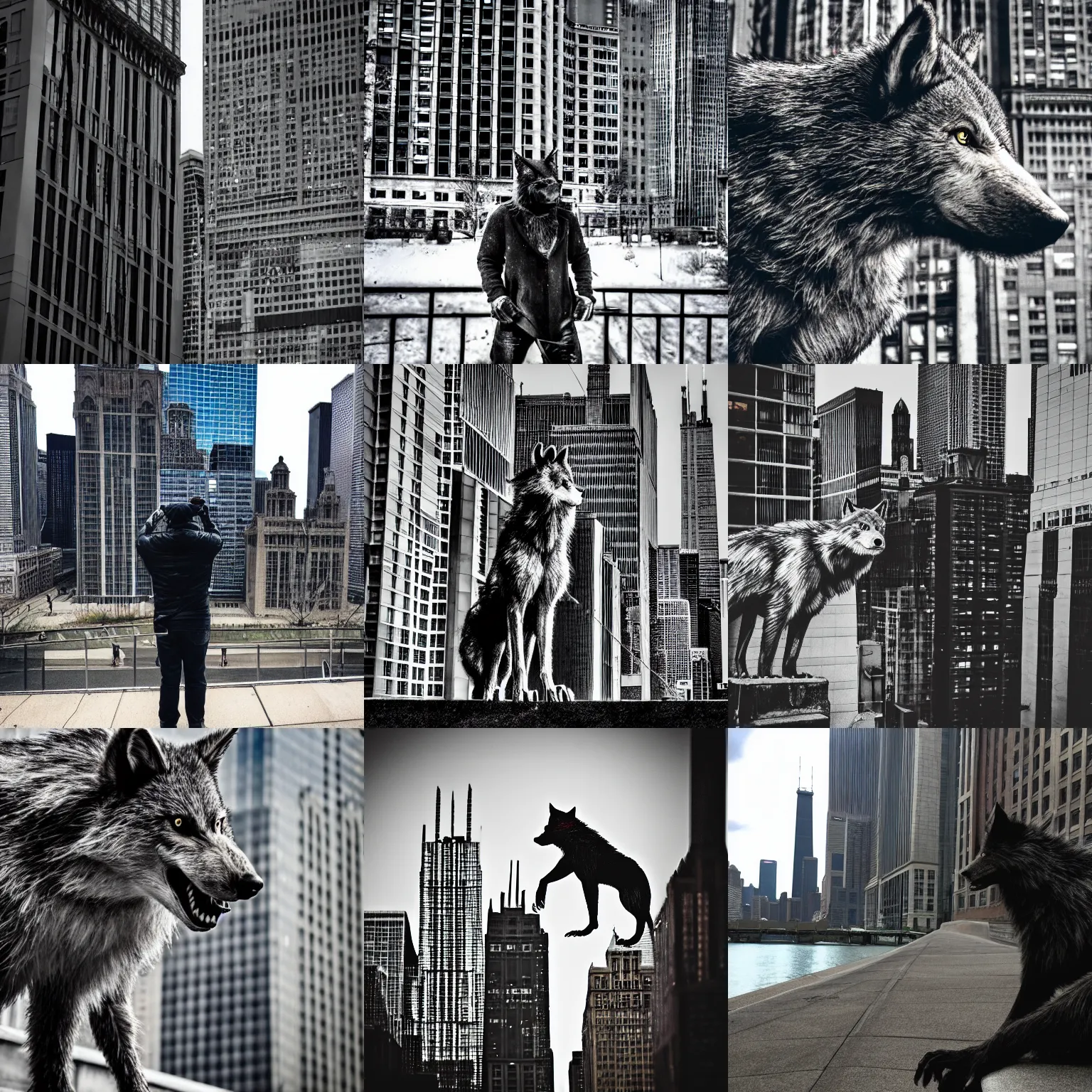 Prompt: photo of an urban werewolf surveying the domain of Chicago