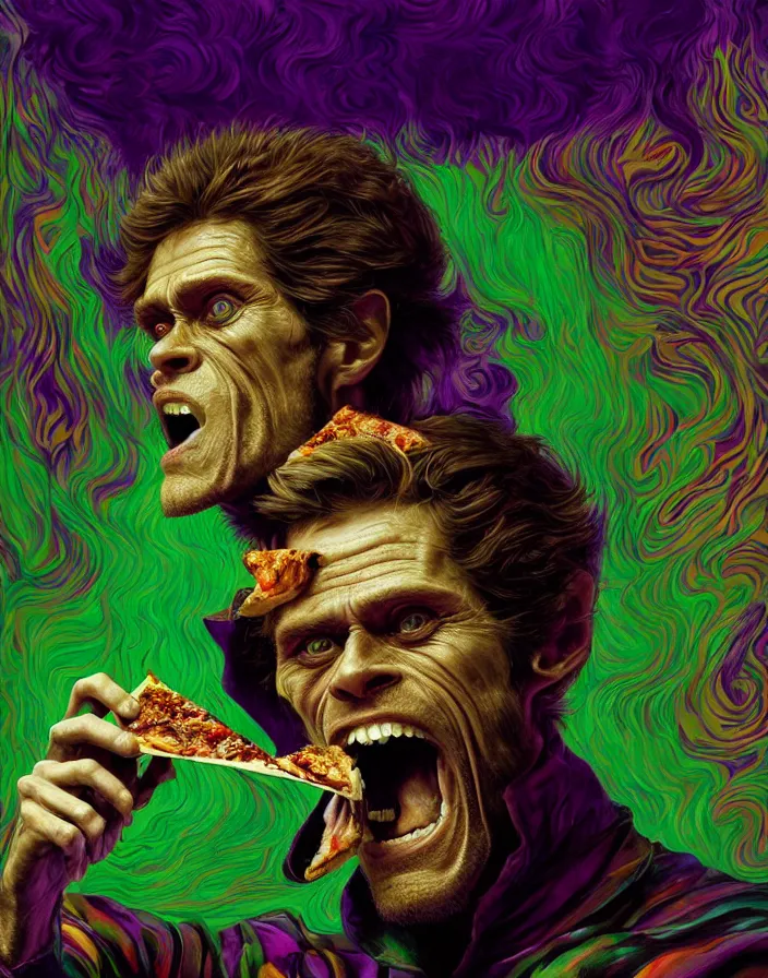 Prompt: a psychedelic portrait of willem dafoe eating pizza and screaming, insane high detail, vibrant color scheme green and purple, highly detailed, in the style of romanticism, cinematic, artstation, moebius, greg rutkowski