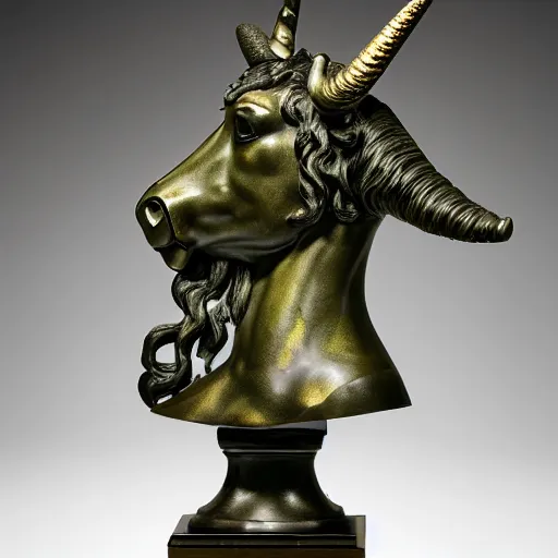 Prompt: professional color photograph of a patinated bronze portrait bust of an angry unicorn bull supported by a bronze plinth, by Auguste Rodin