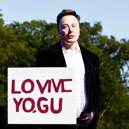 Prompt: Elon Musk holding a sign saying I Love You, highly detailed, high quality, HD, 4k, 8k, Canon 300mm, professional photographer, 40mp, lifelike, top-rated, award winning, realistic, sharp, no blur, edited, corrected, trending