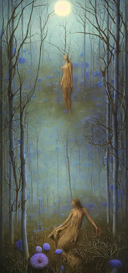 Image similar to painterly dreamy Kupala Night in the blue forest with trees which have eyes, giant flowers, glowing owls, deers, women, lianas, thistles, giant fantasy creatures, a stream and sky with moon and stars by Beksinski, Alex Grey, Aron Wiesenfeld and Giger dark fantasy, witcher, very detailed oil painting in the alla prima style, masterpiece, 8k