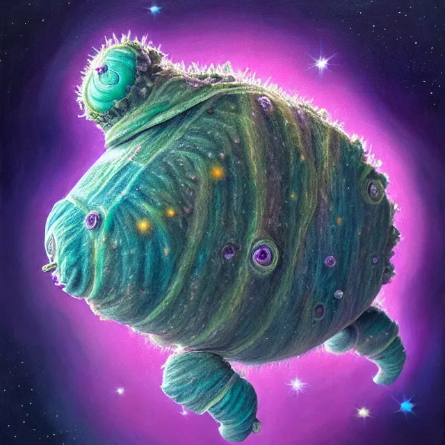 Image similar to a highly detailed tardigrade, it has rainbow hair and a beautiful unconventional face, floating through deep space, elegant, hyperrealistic, digital painting, artstation, realism, concept art, pop, smooth, mythological, sharp focus, qualia, illustration, art by mark ryden 3 d 8 k ultra detailed