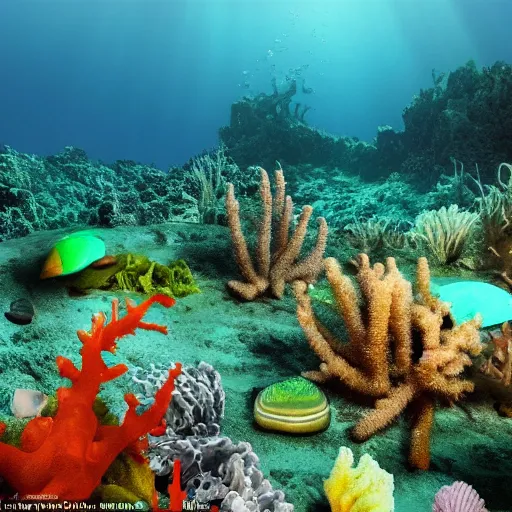 Prompt: a beautiful render of an underwater seabed habitat with seaweed, molluscs, reef