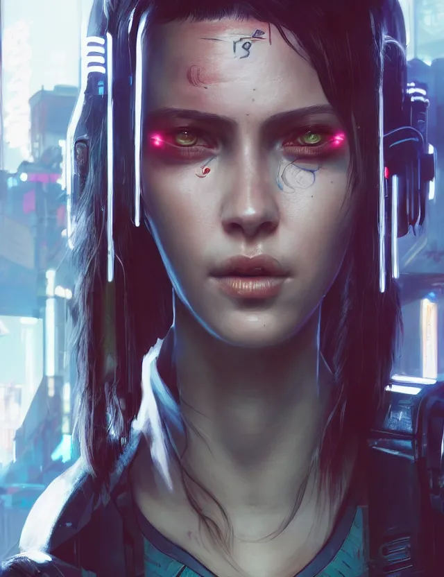 Image similar to close face portrait of a young female waitress as cyberpunk 2 0 7 7 concept art, art by ryo shiotani and greg rutkowski, intricate, beautiful, cute, cinematic lighting, vintage art by serge ivanoff, high resolution, very detailed