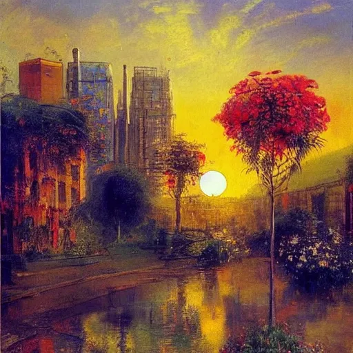 Image similar to a very beautiful eco - friendly environmental future city cityscape, lots of plants and flowers, sunrise, style of olidon redon