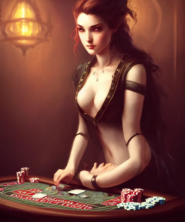 Prompt: gambler playing poker by charlie bowater and titian and artgerm, full body portrait, intricate, face, elegant, beautiful, highly detailed, dramatic lighting, sharp focus, trending on artstation, artstationhd, artstationhq, unreal engine, 4 k, 8 k