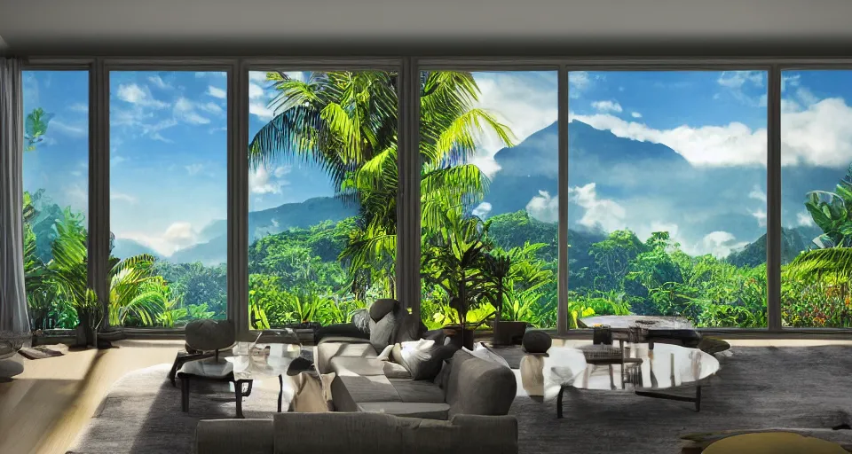 Prompt: big window, mountains in background, cloud forest in background, tropical beach in background, late afternoon, clear sky, living room, furniture, IKEA catalogue, futuristic, ultra realistic, ultra detailed, cinematic light, anamorphic, by Paul Lehr