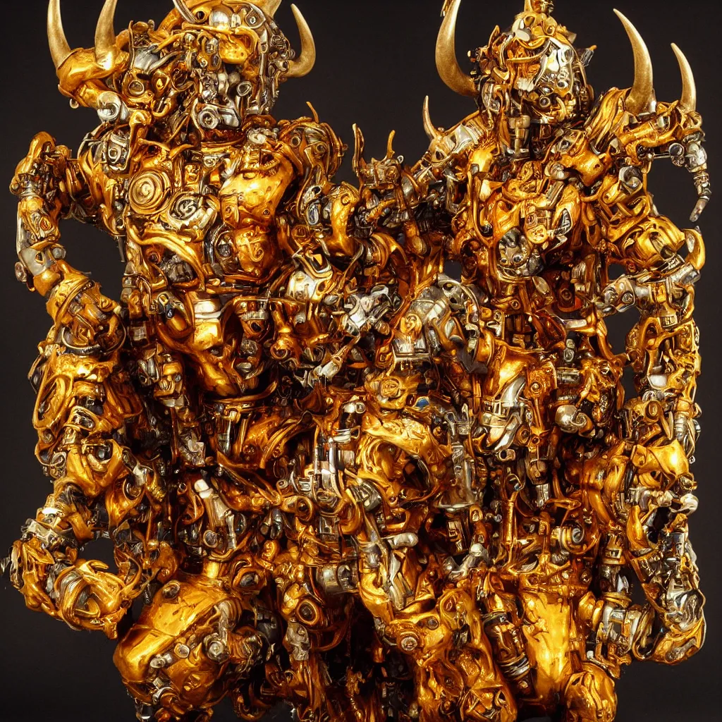 Image similar to a demented cyborg with gold horns, made out of liquid amber
