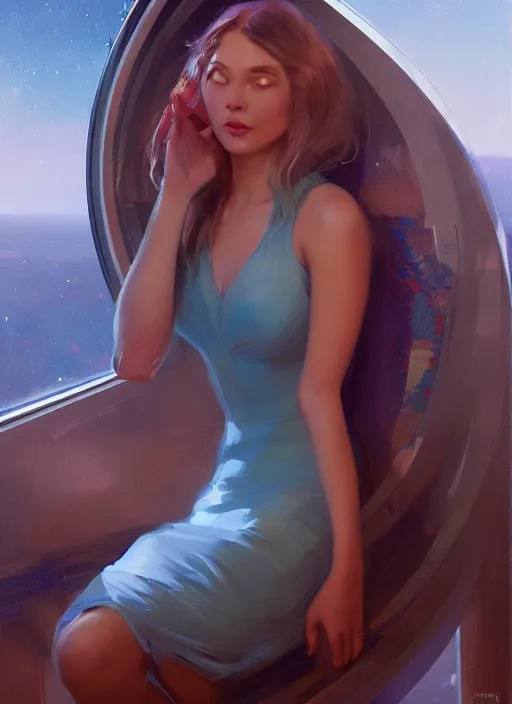 Prompt: beautiful girl sitting on a spaceship window wearing a dress, highly detailed tight dress, beautiful face hot model girl, by jeremy lipking, by artgerm, digital art, octane render