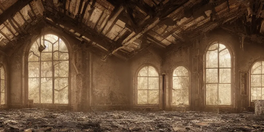 Prompt: interior of a dusty abandoned old western chapel during day, hyper realistic vfx simulation, godrays from windows, trending on Behance, 24mm f8, vray