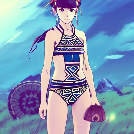 Image similar to a beautiful boyish emma watson alluring instagram model, wearing japanese hiphop aztec leotard outfit with mayan pattern and native style, aztec street fashion bathing suit, botw style, gapmoe yandere grimdark, trending on pixiv fanbox, painted by greg rutkowski makoto shinkai takashi takeuchi studio ghibli, akihiko yoshida