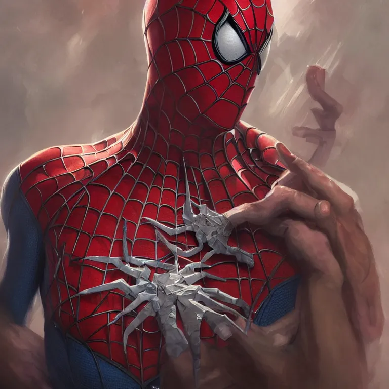 Image similar to portrait of spiderman, D&D, fantasy, highly detailed, digital painting, artstation, smooth, sharp focus, illustration, art by artgerm and greg rutkowski and alphonse mucha
