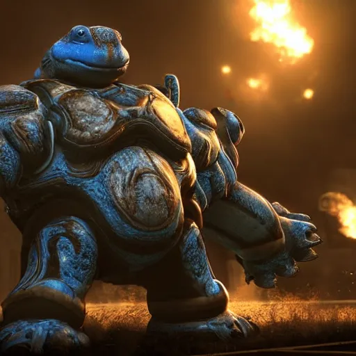 Image similar to a 'Blastoise Tank' in 'Gears of War', splash art, movie still, cinematic lighting, detailed face, dramatic, octane render, long lens, shallow depth of field, bokeh, anamorphic lens flare, 8k, hyper detailed, 35mm film grain