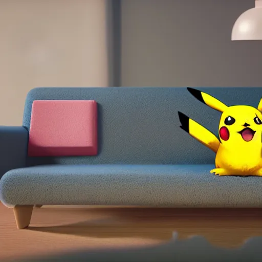 Image similar to Pikachu taking a bong rip on the couch, unreal engine 5, octane render, cgsociety, living room interior, soft lighting, ray tracing,