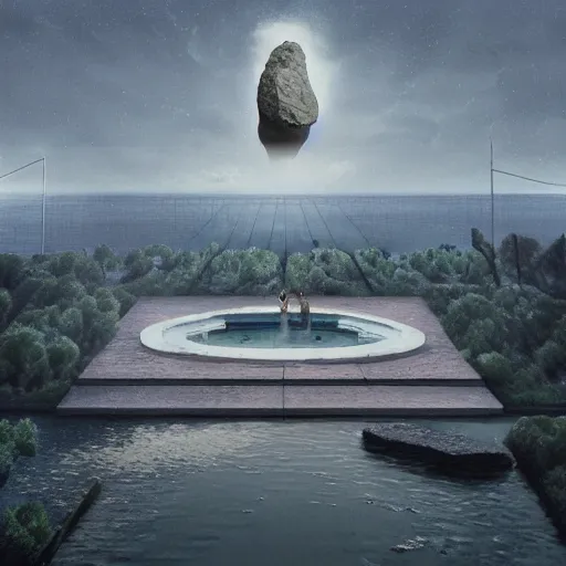Prompt: 🤪, peter tarka, minimalistic, hyperrealistic surrealism, award winning masterpiece with incredible details, epic stunning, infinity pool, a surreal vaporwave liminal space, highly detailed, trending on ArtStation, artgerm and greg rutkowski and alphonse mucha, daily deviation, IAMAG, broken giant marble head statue ruins, nightscape, milkyway 🤪