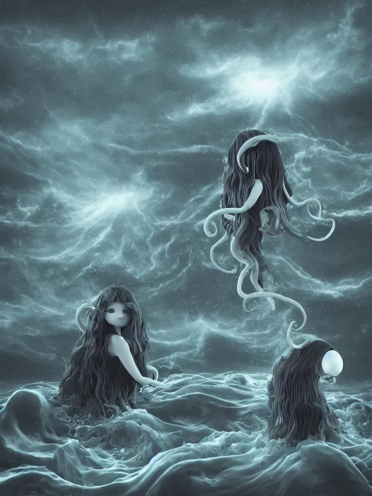 Prompt: cute fumo plush gothic octopus maiden alien girl combing her hair in the waves of the wavering dark galactic abyss, ocean wave thunderstorm and reflective splashing water, black and white, ocean simulation, vignette, vray