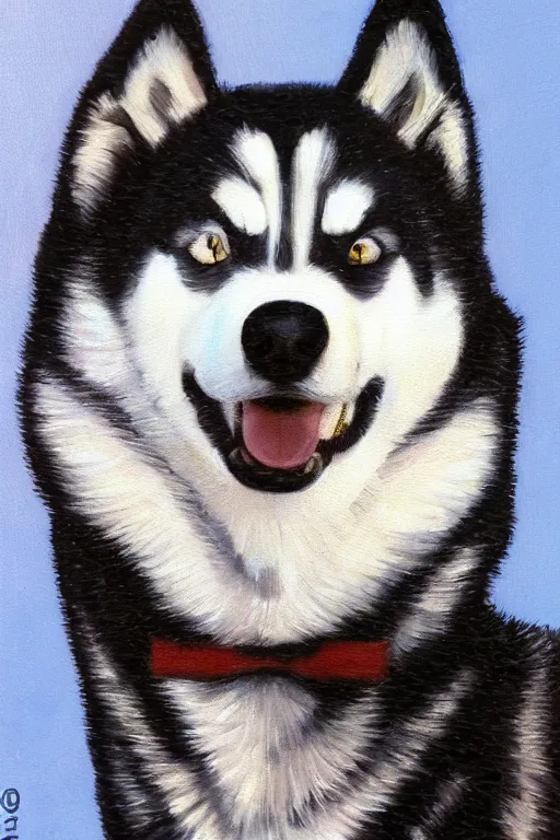 Image similar to a character design of a husky wearing a white vest, portrait painting